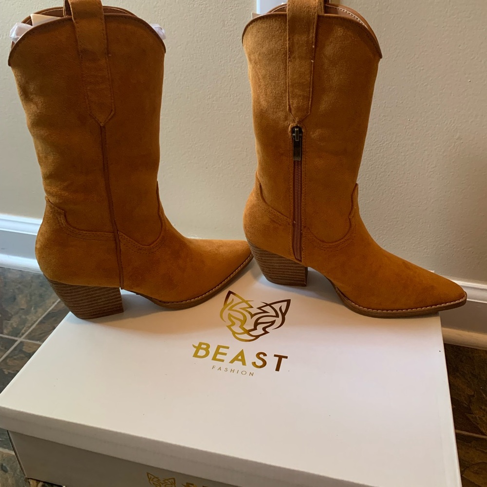 BEAST FASHION Tan Heeled Boots Western Style